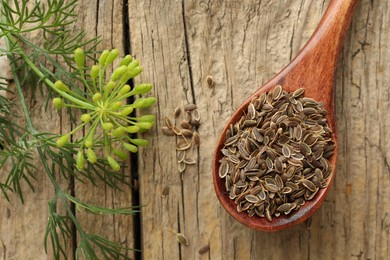 Photo of Spoon with dry seeds and fresh dill on wooden table, flat lay