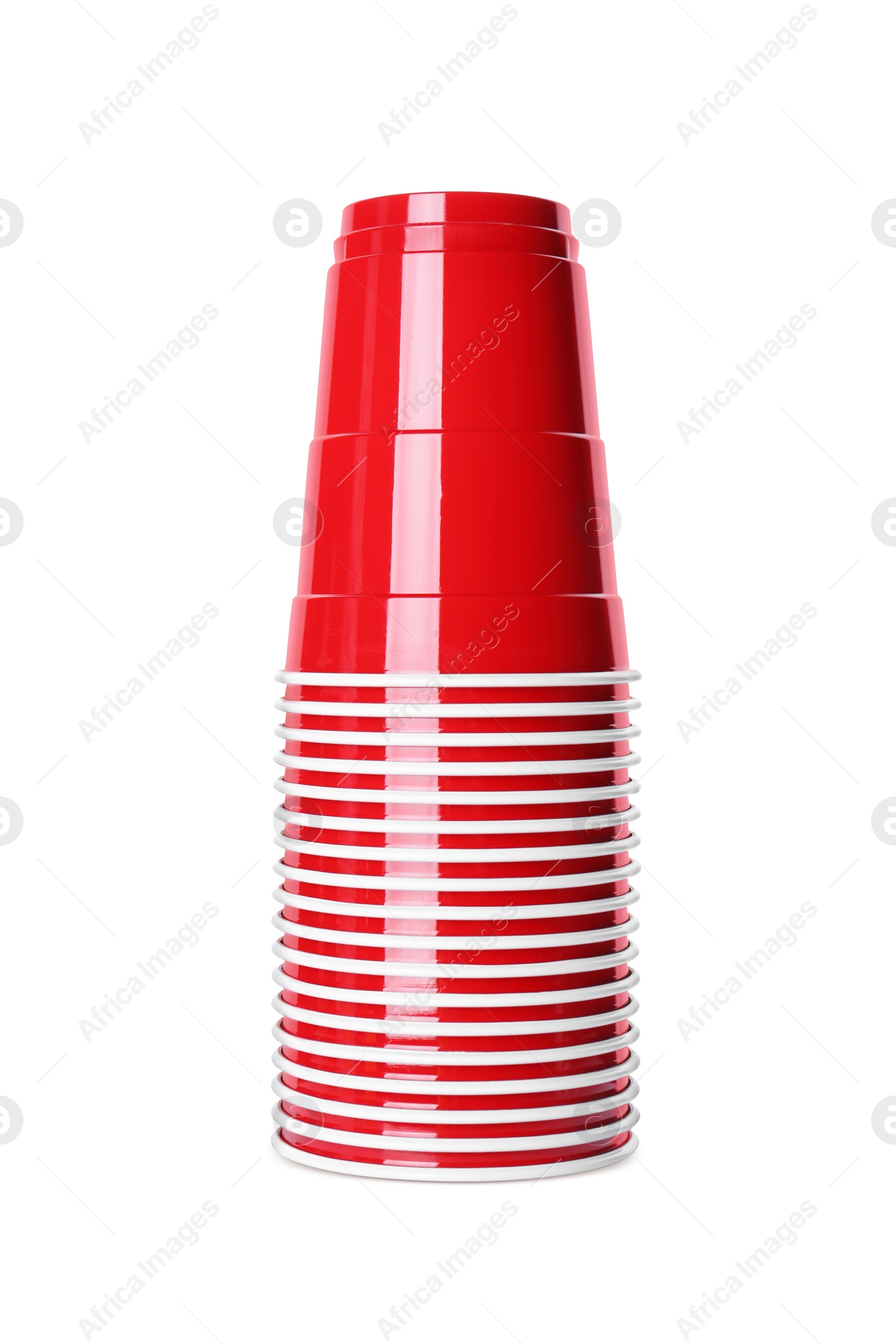 Photo of Red plastic cups on white background. Beer pong game