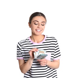 Photo of Portrait of young woman holding money banknotes on white background