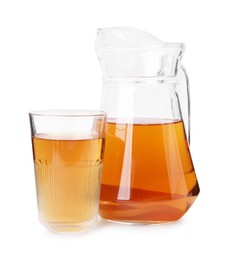 Tasty kombucha in glass and jug isolated on white