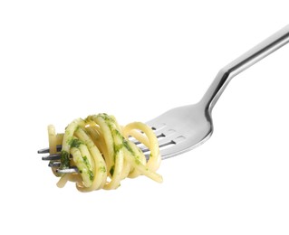 Photo of Fork with tasty pasta isolated on white, closeup