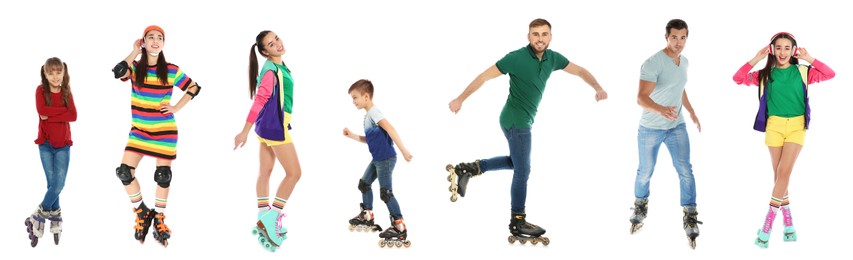 Image of Photos of people with roller skates on white background, banner collage design