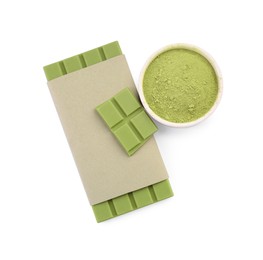 Tasty matcha chocolate bar and powder isolated on white, top view