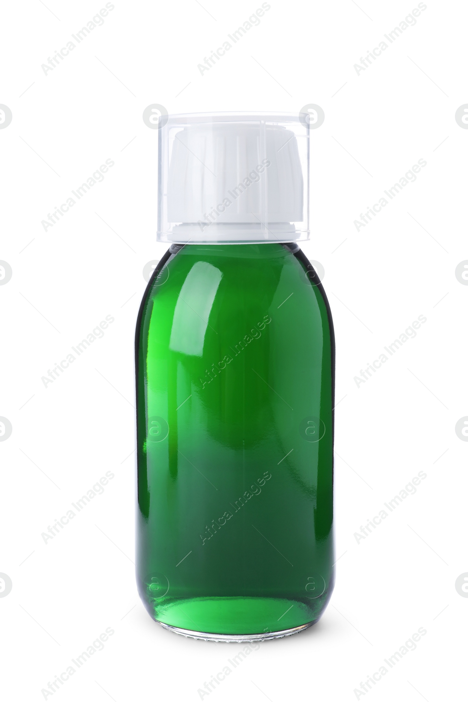 Photo of Bottle of syrup with measuring cup on white background. Cough and cold medicine