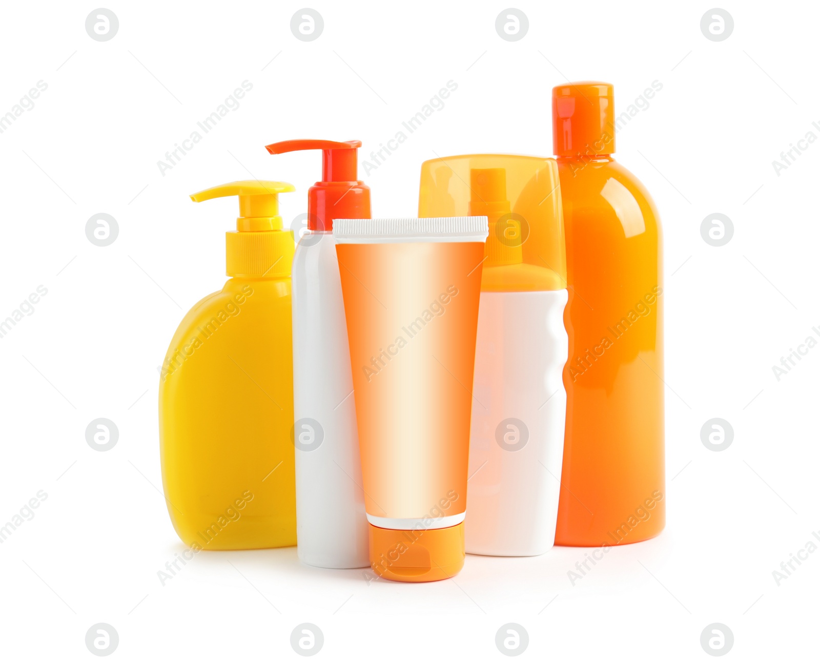 Photo of Sun protection products on white background. Body care