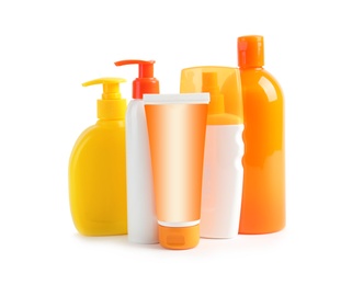 Photo of Sun protection products on white background. Body care