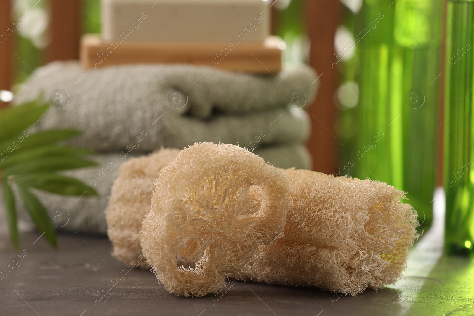 Photo of Natural loofah sponges on grey textured table