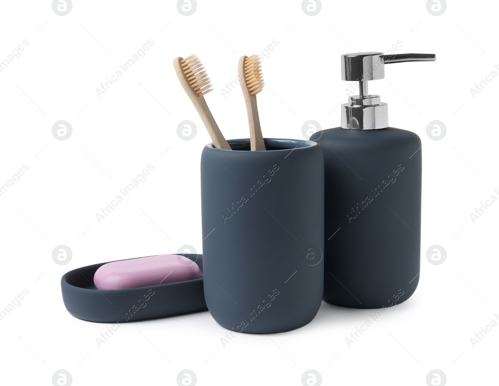 Photo of Bath accessories. Different personal care products isolated on white