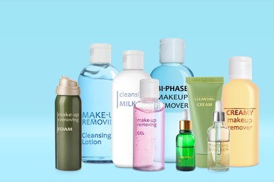 Image of Collection of different makeup removal products on light blue background