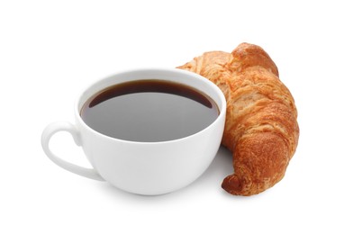 Photo of Fresh croissant and coffee isolated on white. Tasty breakfast