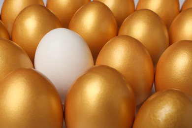 Photo of Ordinary chicken egg among golden ones as background, closeup