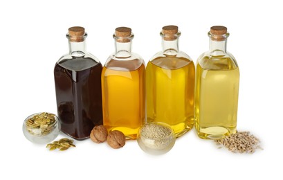 Photo of Vegetable fats. Bottles of different cooking oils and ingredients isolated on white