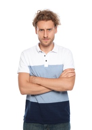 Photo of Young man in casual clothes posing on white background