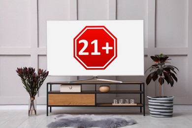 TV screen with age limit sign 18+ years on wooden cabinet with indoors