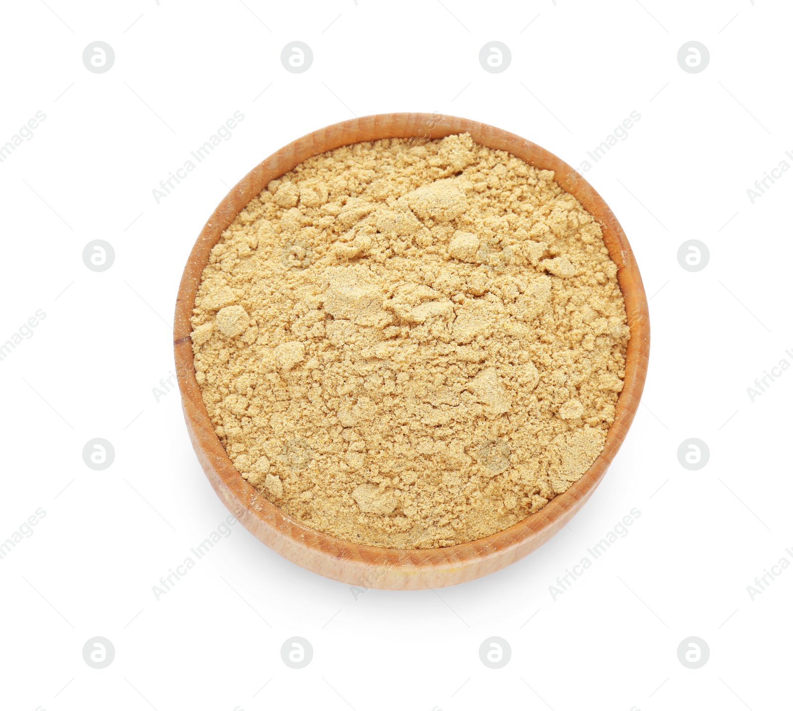 Photo of Aromatic mustard powder in wooden bowl on white background, top view