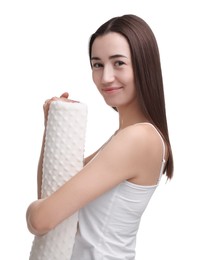 Woman with orthopedic pillow on white background