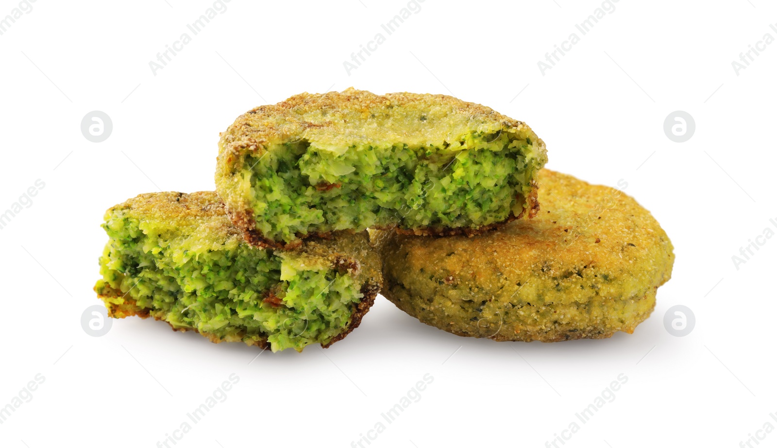 Photo of Tasty whole and cut vegan cutlets isolated on white