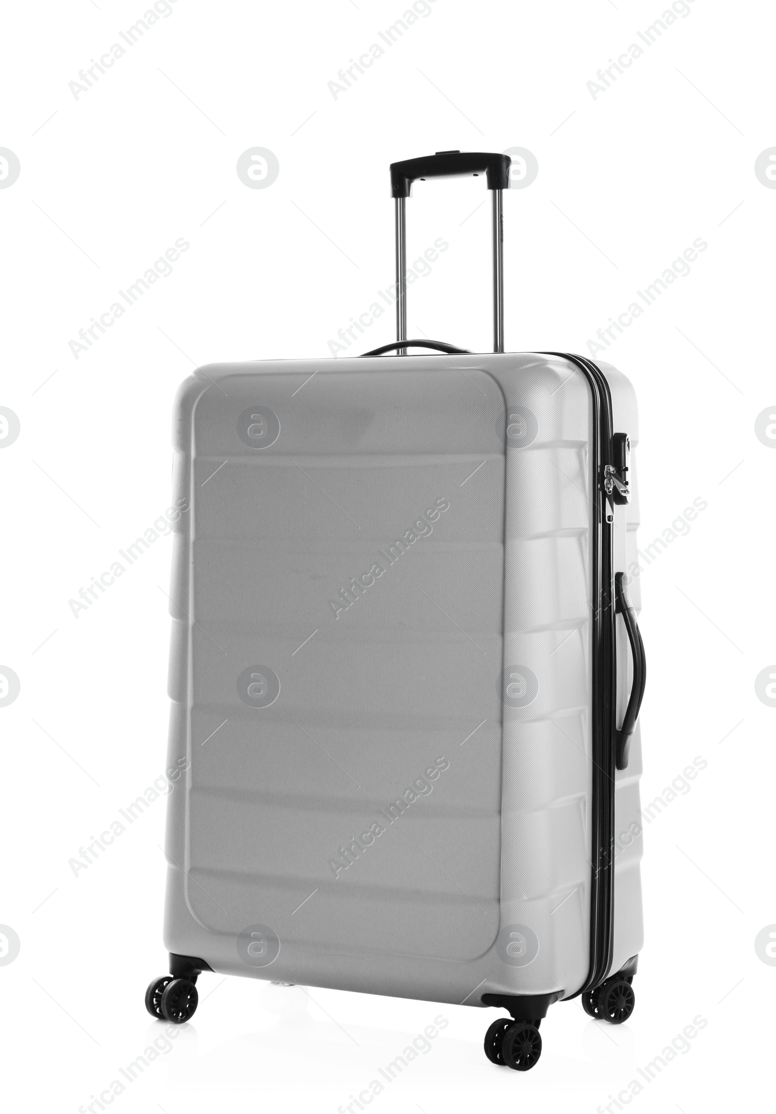 Photo of Grey suitcase for travelling on white background