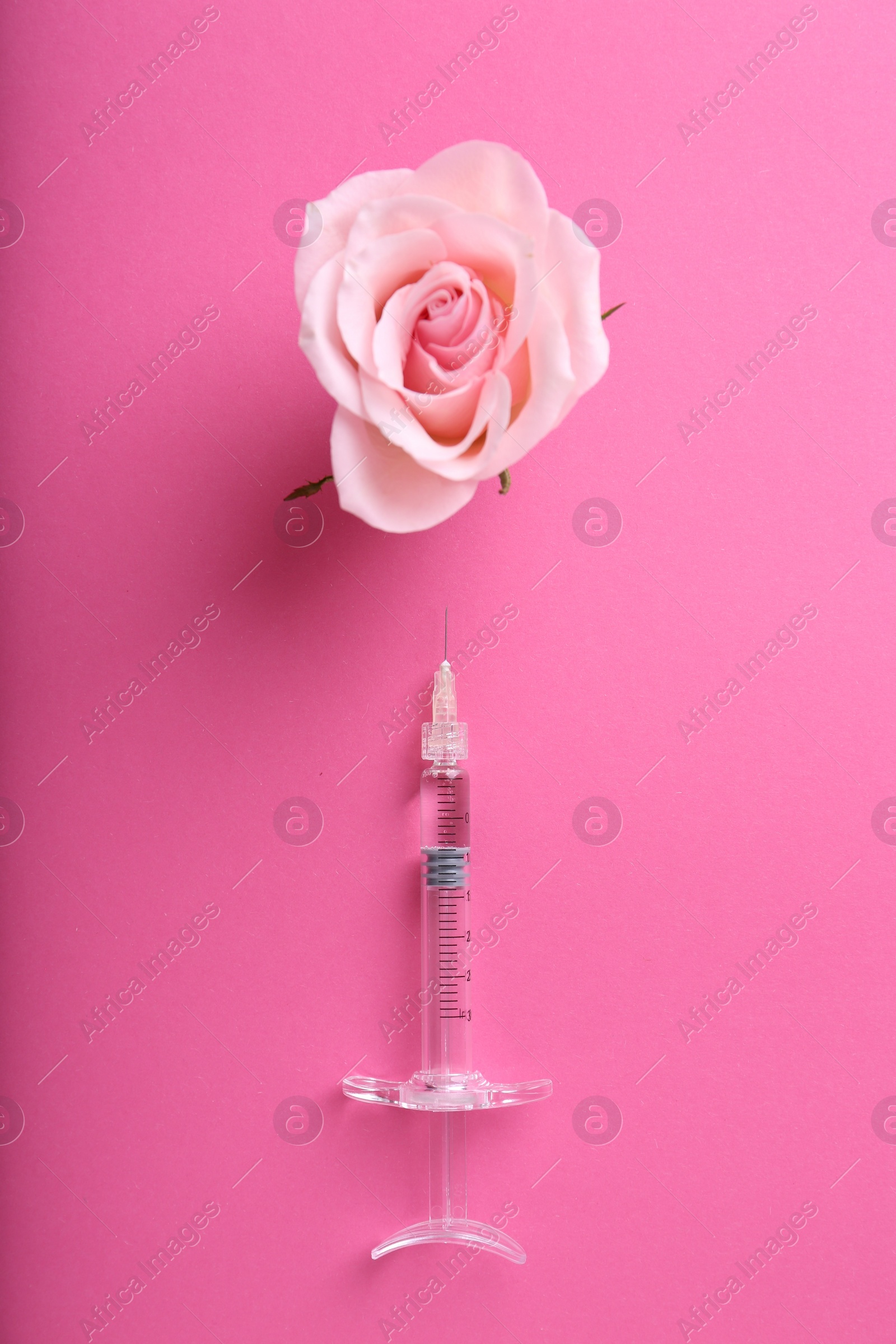 Photo of Cosmetology. Medical syringe and rose flower on pink background, flat lay