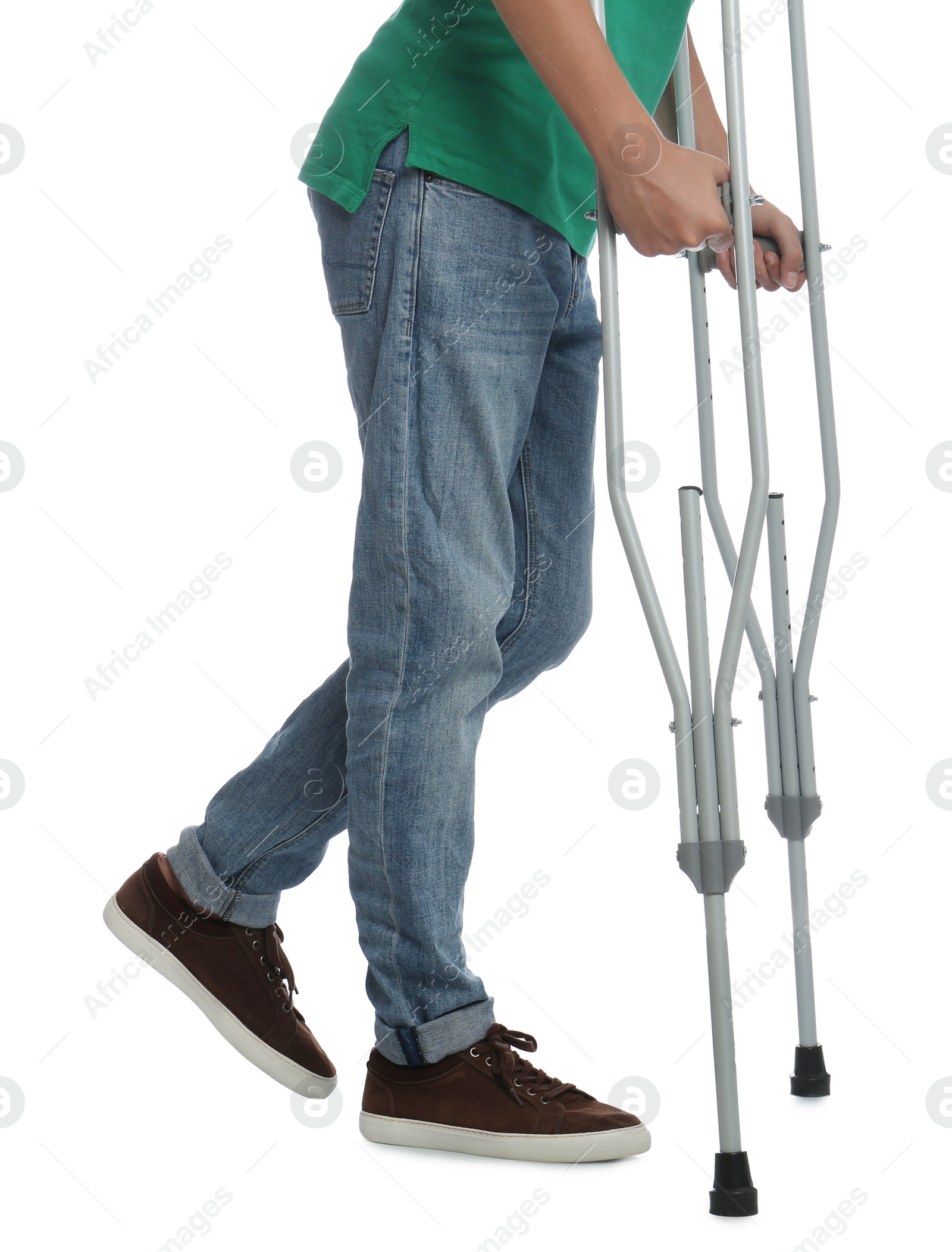 Photo of Man with injured leg using crutches on white background, closeup