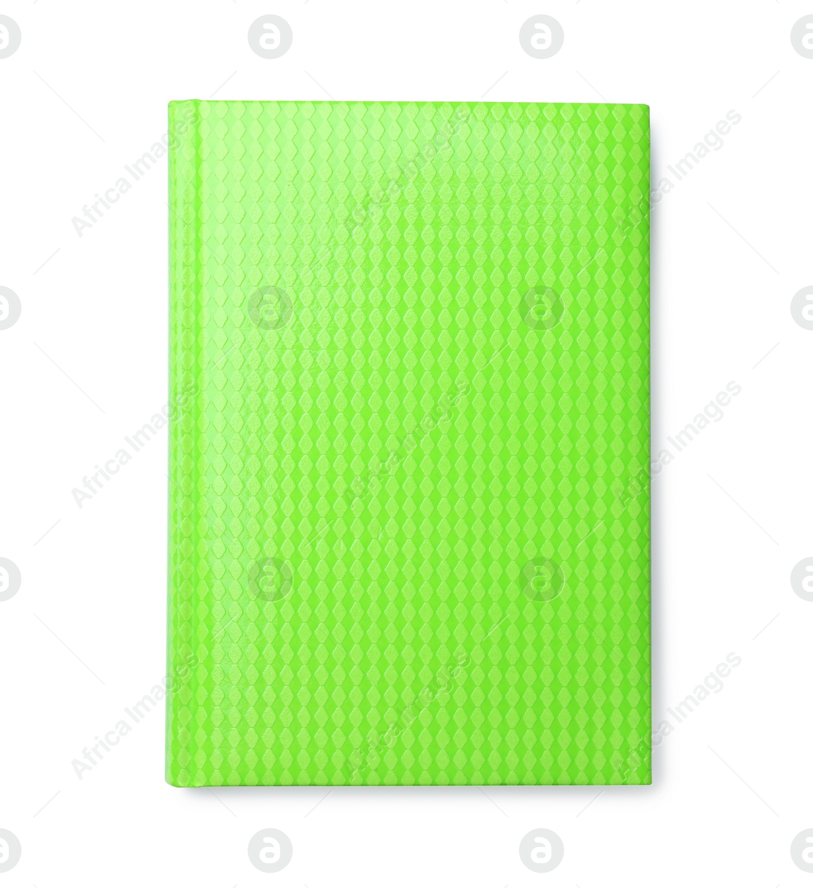 Photo of Stylish green notebook isolated on white, top view