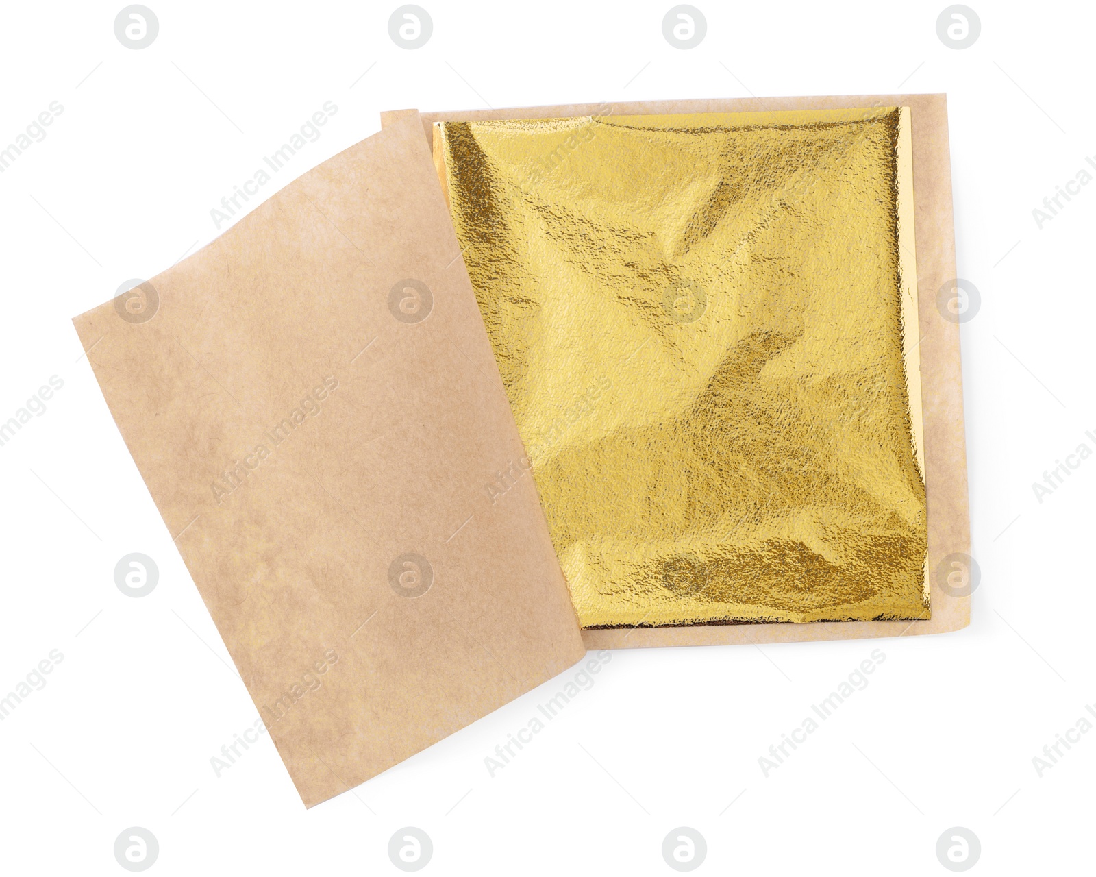 Photo of One edible gold leaf sheet isolated on white, top view