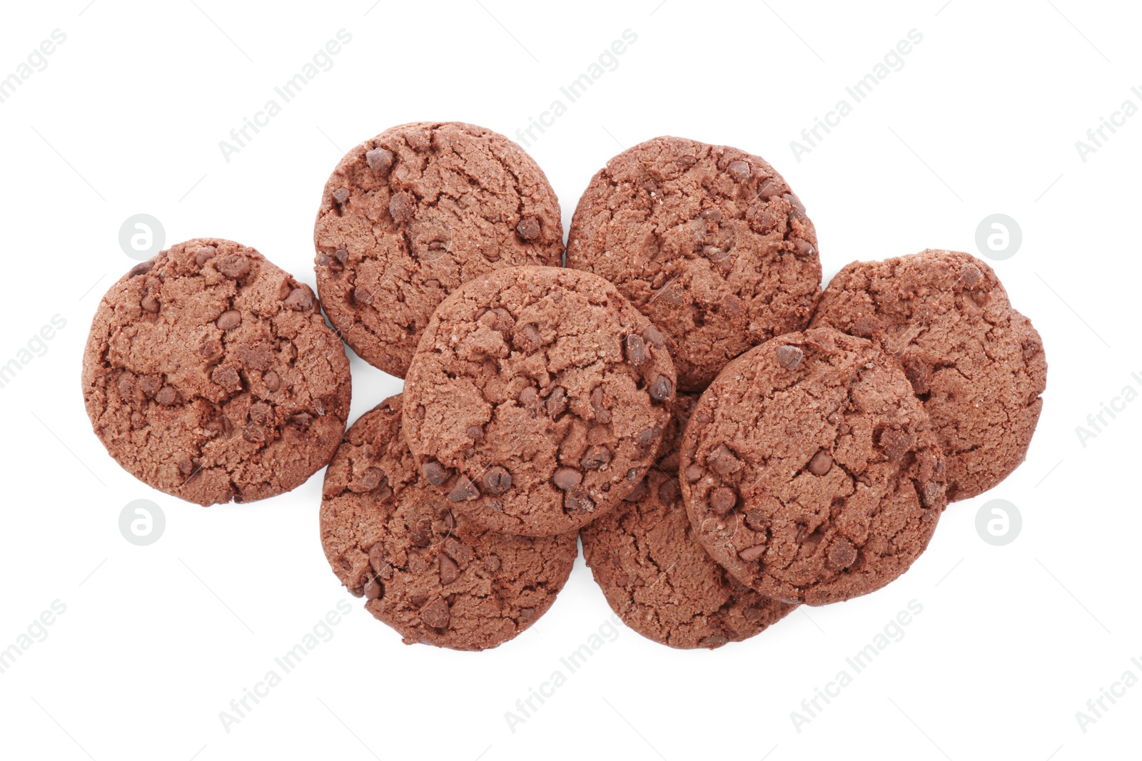 Photo of Delicious chocolate chip cookies isolated on white, top view