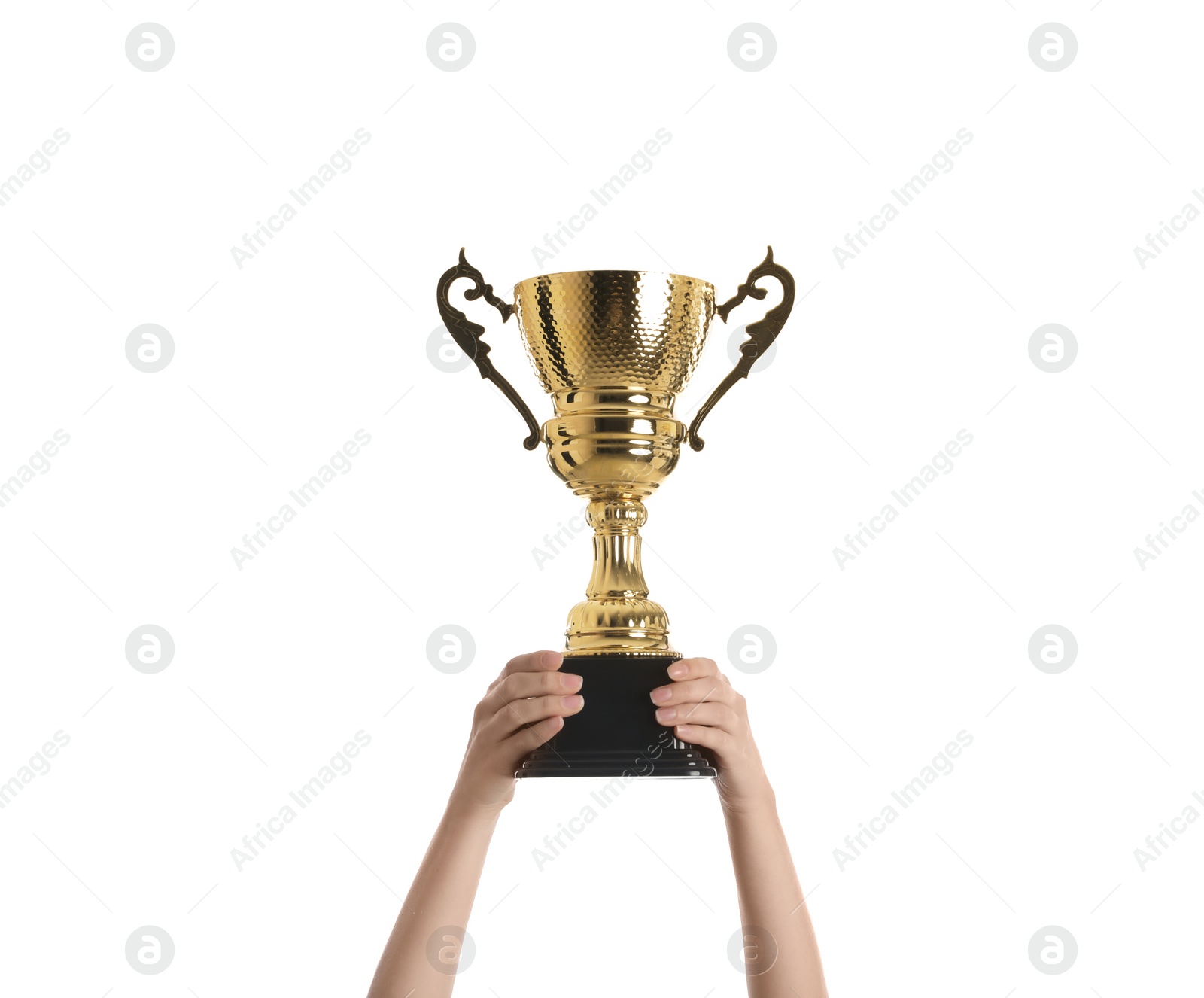 Photo of Woman holding gold trophy cup on white background, closeup