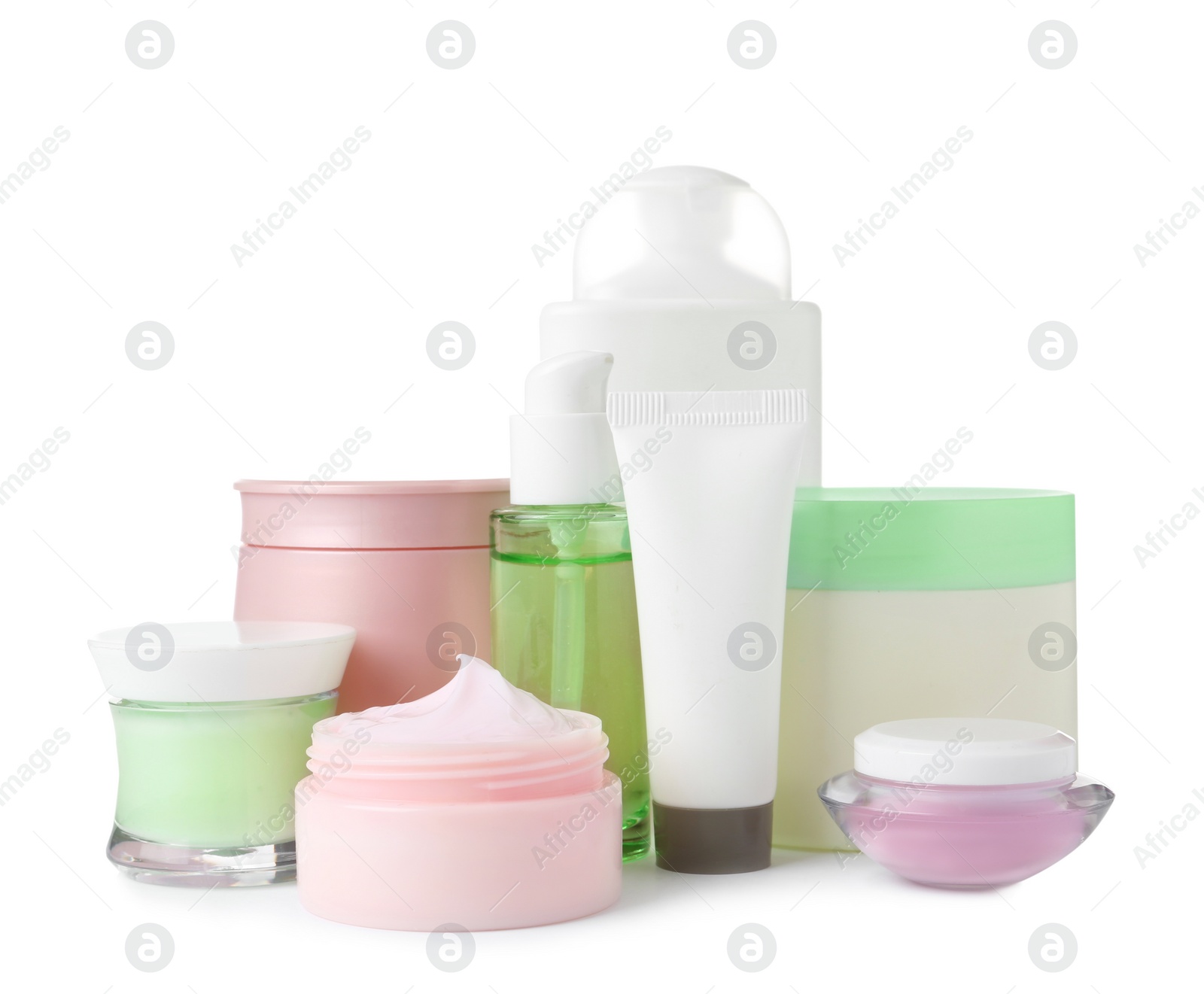 Photo of Different body care products on white background