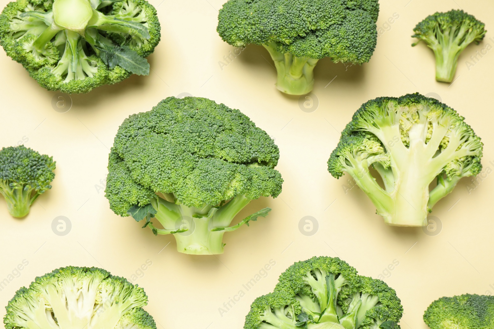 Photo of Fresh broccoli on beige background, flat lay