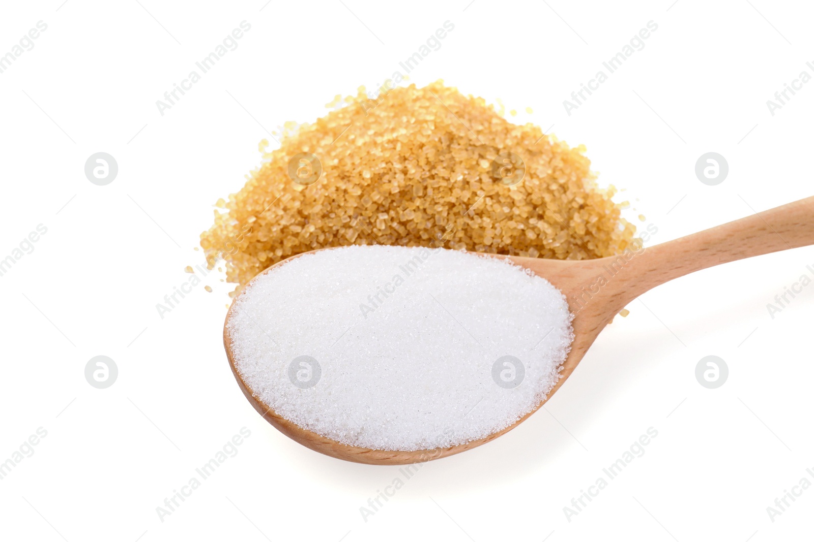 Photo of Different types of sugar and spoon isolated on white