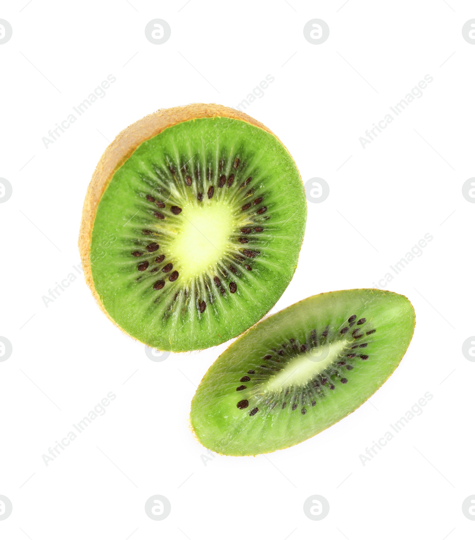 Photo of Cut fresh ripe kiwi on white background, top view