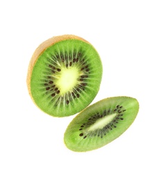 Photo of Cut fresh ripe kiwi on white background, top view