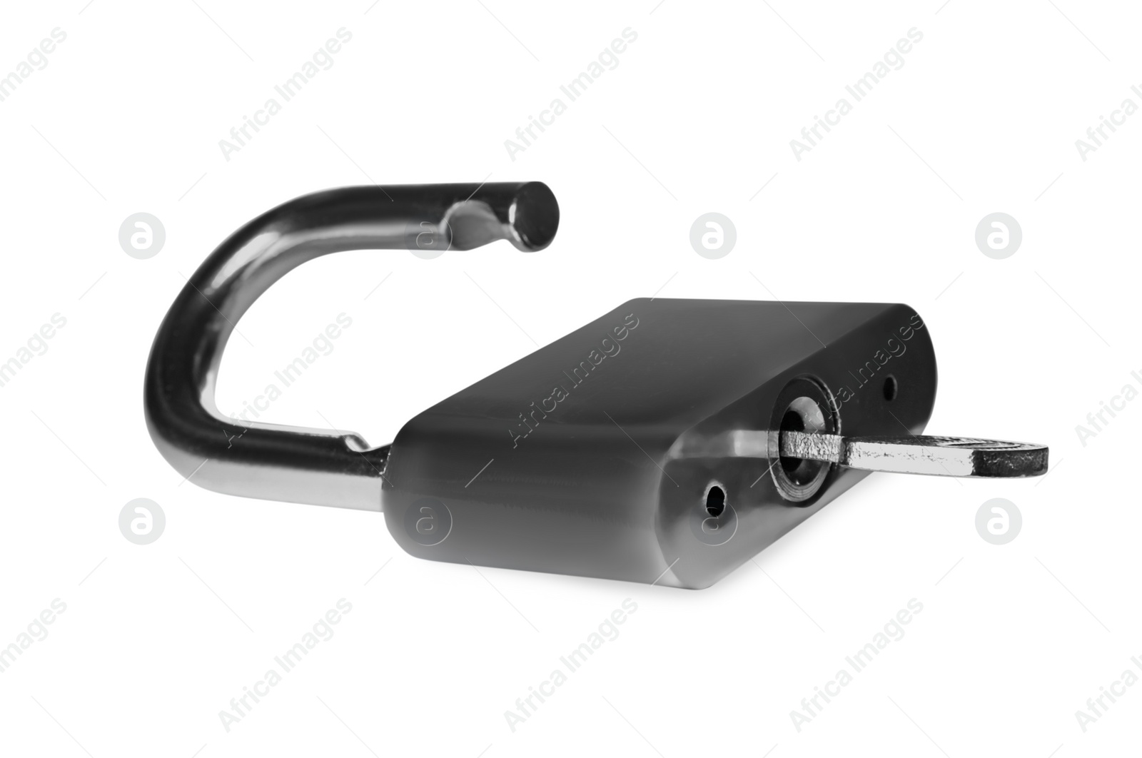 Photo of Steel padlock with key isolated on white. Safety concept