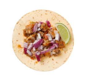 Photo of Delicious taco with vegetables, meat and lime isolated on white, top view