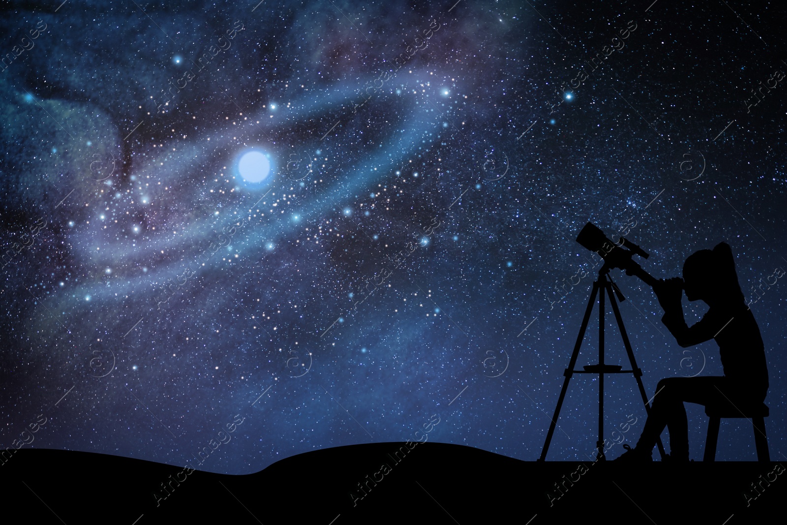 Image of Astronomy. Little girl looking through telescope at starry night outdoors