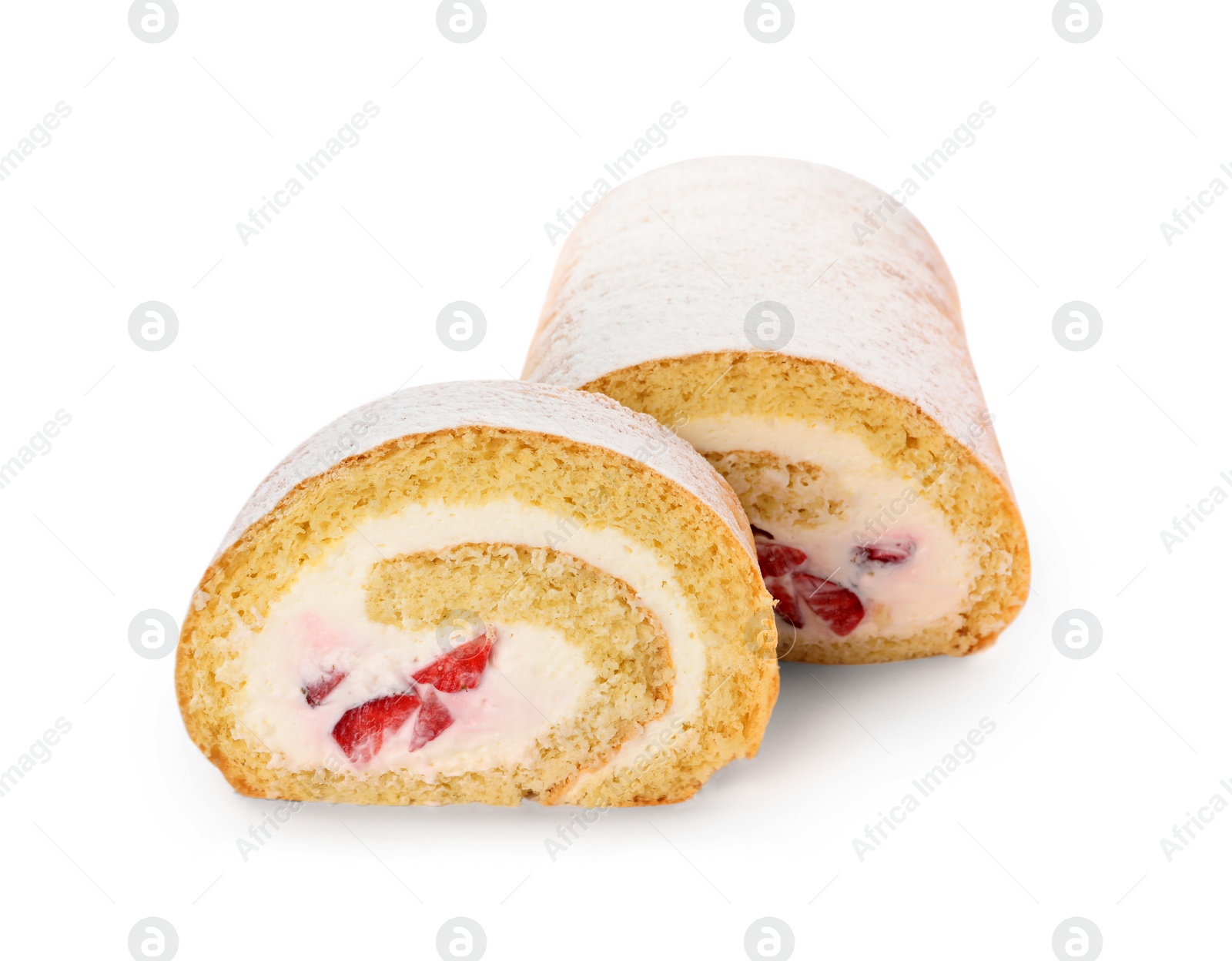 Photo of Delicious sponge cake roll with strawberries and cream on white background