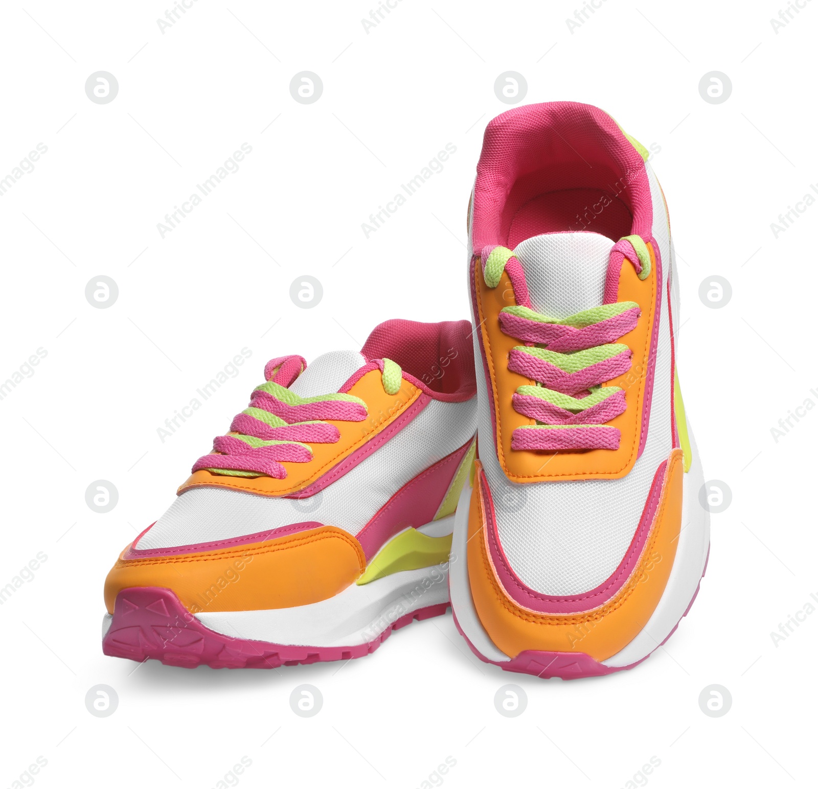 Photo of Pair of stylish colorful sneakers isolated on white