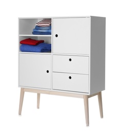 Photo of Stylish dresser with clothes on white background. Furniture for wardrobe room