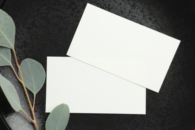 Photo of Blank business cards and eucalyptus branch on black tray, flat lay. Mockup for design