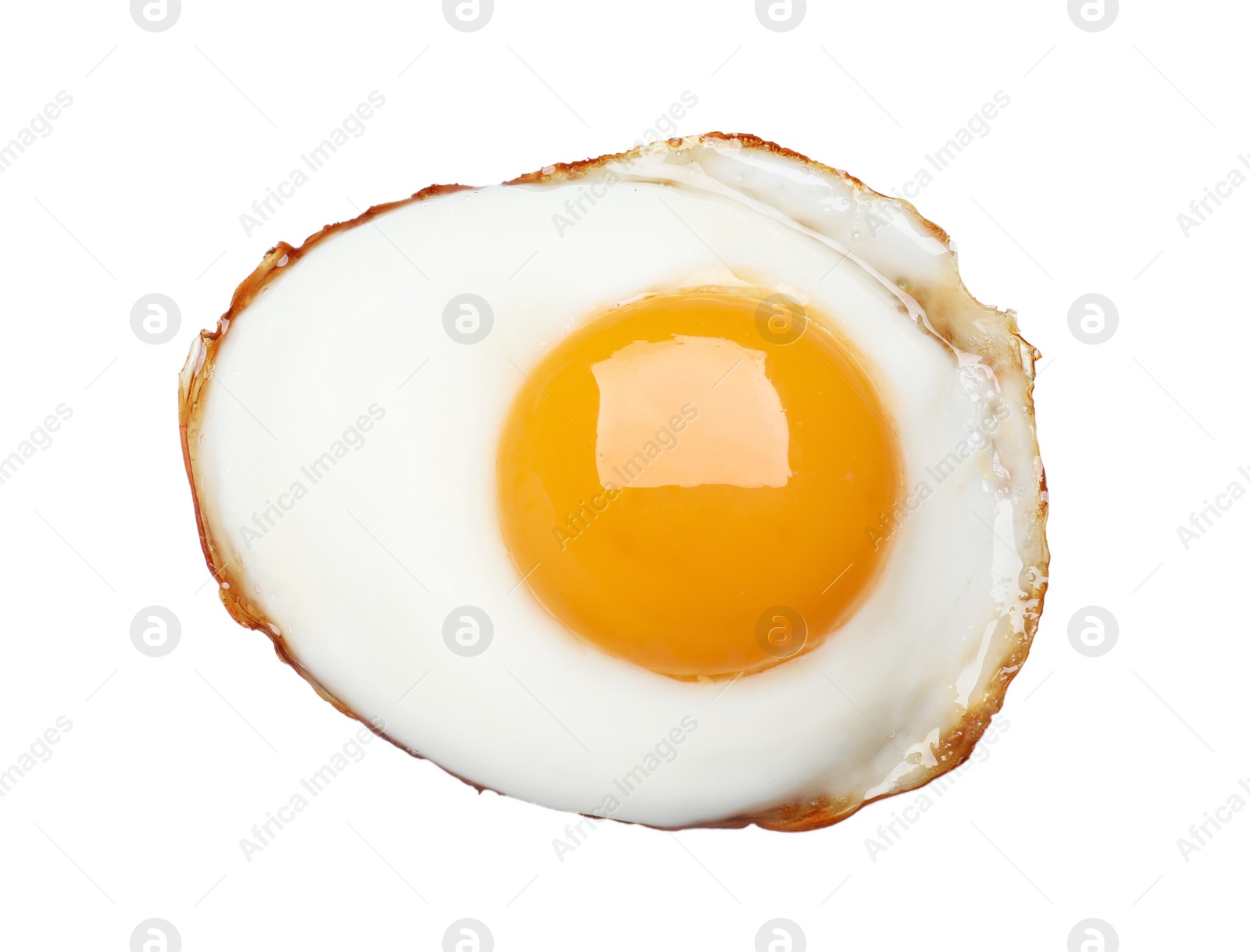 Photo of Delicious fried egg isolated on white, top view