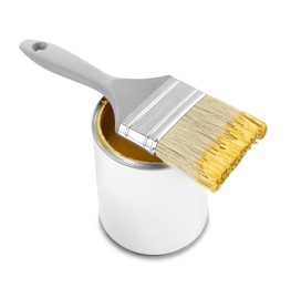 Photo of Can of yellow paint with brush isolated on white