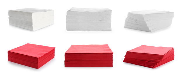 Image of Set with color paper napkins on white background. Banner design