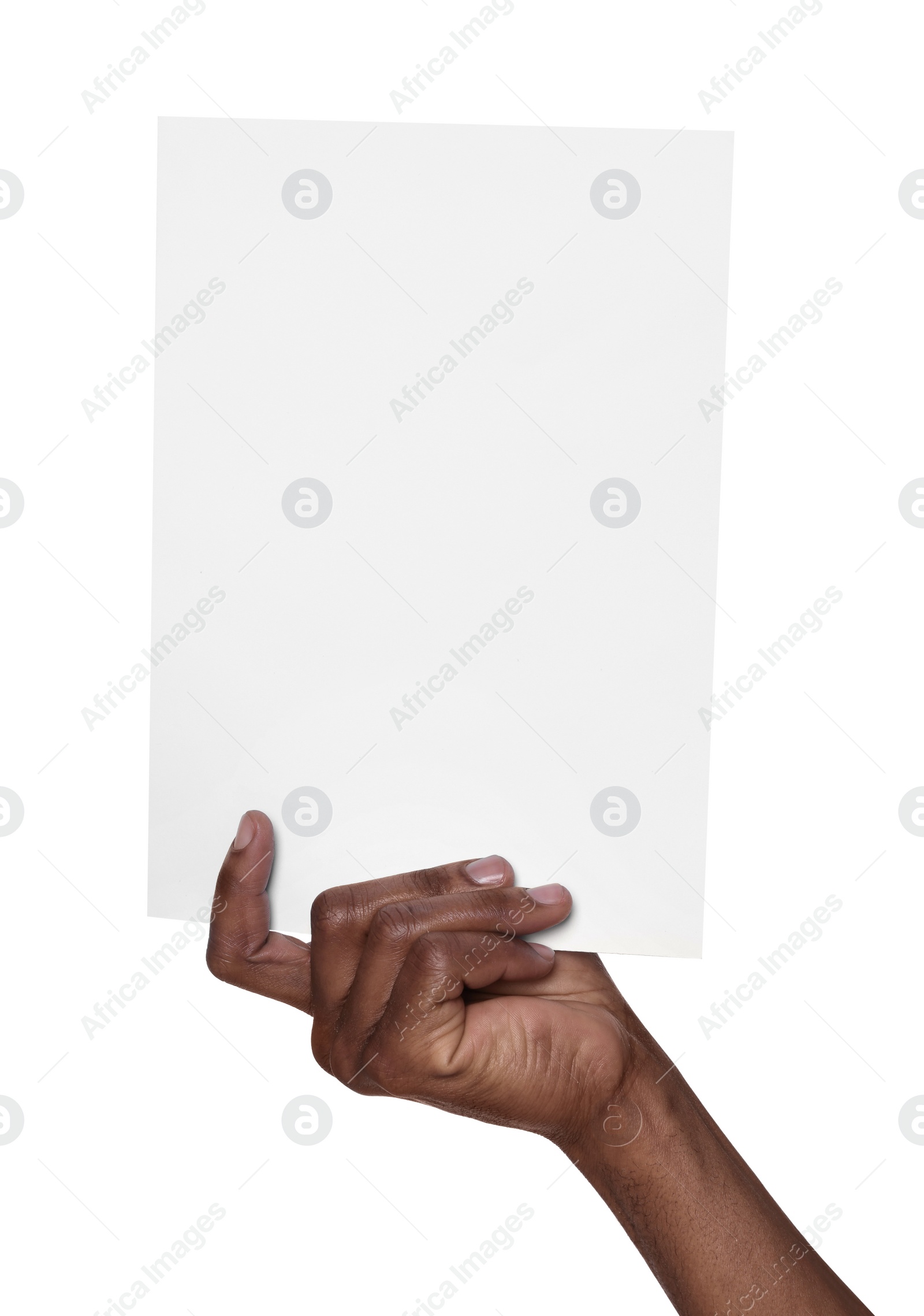 Photo of African American man holding sheet of paper on white background, closeup. Mockup for design