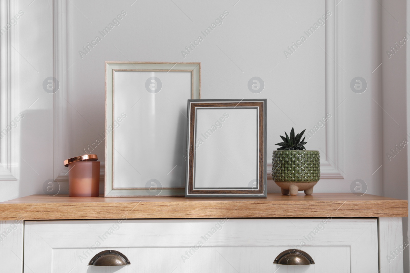 Photo of Empty photo frames and succulent on chest of drawers indoors