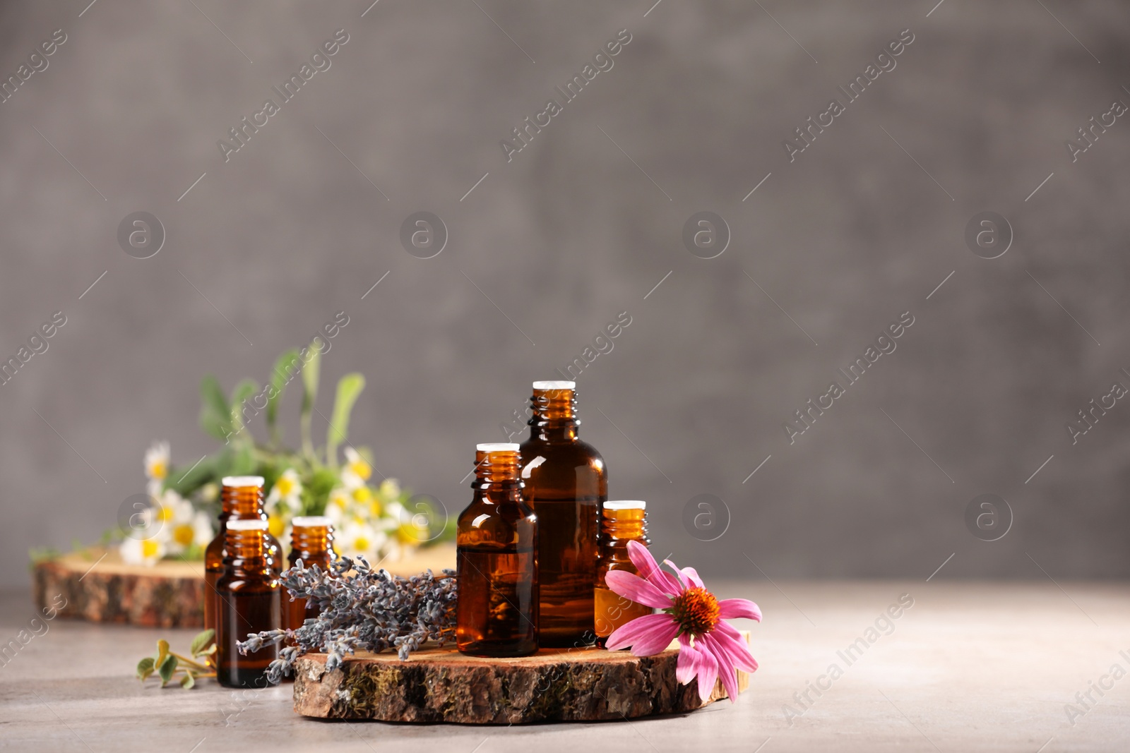 Photo of Bottles with essential oils and flowers on light table. Space for text