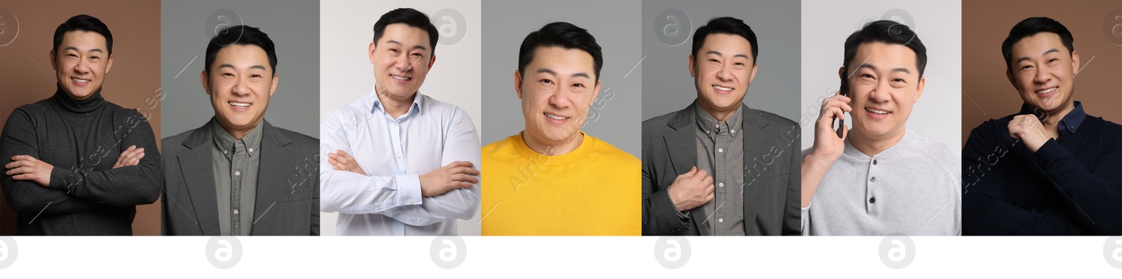 Image of Collage with photos of Asian man on different color backgrounds