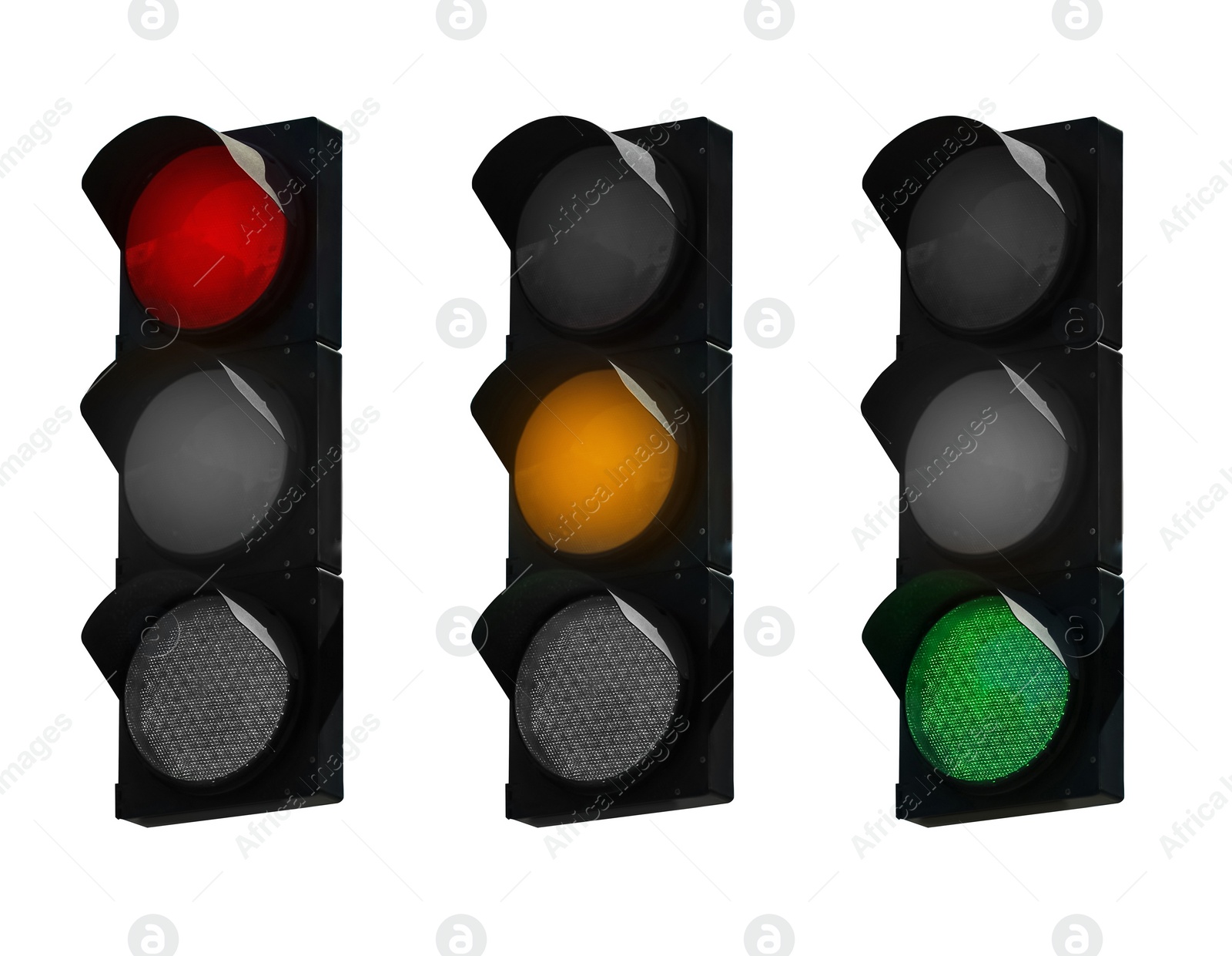 Image of Collage of traffic signal with different glowing lights (red, orange, green) isolated on white