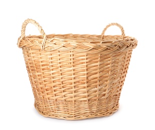 Photo of Wicker basket with handles isolated on white