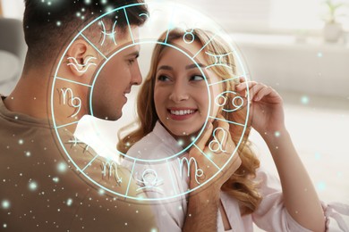 Horoscope compatibility. Loving couple indoors and zodiac wheel